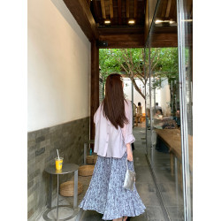 楊楊YANGRUOYU【染韻隨行】碎花壓褶半裙女大擺A字度假仙女半身裙