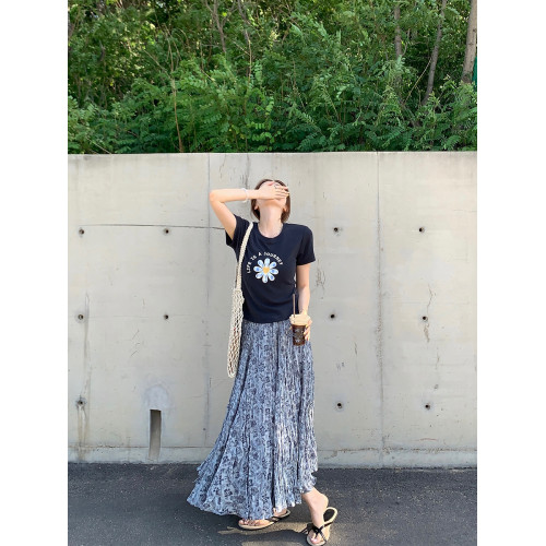 楊楊YANGRUOYU【染韻隨行】碎花壓褶半裙女大擺A字度假仙女半身裙