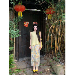 度假碎花雙層流蘇半身裙褶皺百褶裙高級感仙女裙今年流行套裝裙