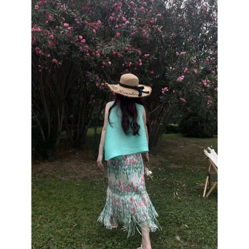 度假碎花雙層流蘇半身裙褶皺百褶裙高級感仙女裙今年流行套裝裙