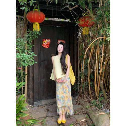 度假碎花雙層流蘇半身裙褶皺百褶裙高級感仙女裙今年流行套裝裙