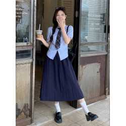 藏青色半身裙女春夏新款梨型高腰遮胯中長款小個子顯瘦a字裙繖裙