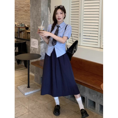 藏青色半身裙女春夏新款梨型高腰遮胯中長款小個子顯瘦a字裙繖裙