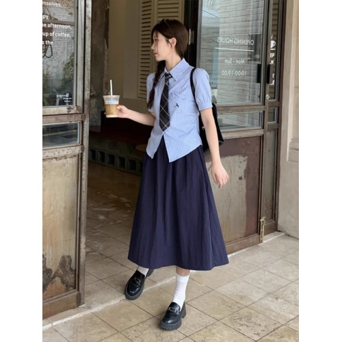 藏青色半身裙女春夏新款梨型高腰遮胯中長款小個子顯瘦a字裙繖裙