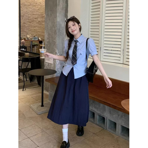 藏青色半身裙女春夏新款梨型高腰遮胯中長款小個子顯瘦a字裙繖裙
