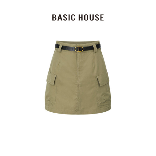 百家好/Basic House咖色包臀高腰口袋工裝裙短裙半身裙女短款裙子