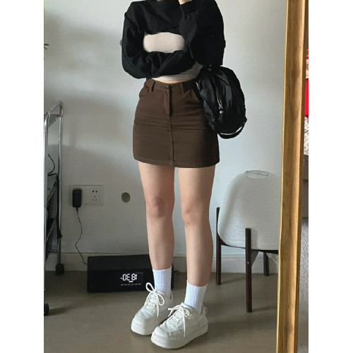 夏季新款咖啡色高腰牛仔短裙女大碼胖mm寬松顯瘦梨形身材a字半裙
