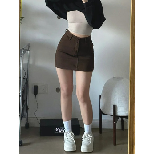 夏季新款咖啡色高腰牛仔短裙女大碼胖mm寬松顯瘦梨形身材a字半裙