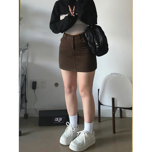 夏季新款咖啡色高腰牛仔短裙女大碼胖mm寬松顯瘦梨形身材a字半裙