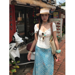 韓國設計手繪漣漪藍色格紋美人魚印花半身裙女松緊腰夏季薄款長裙
