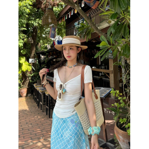 韓國設計手繪漣漪藍色格紋美人魚印花半身裙女松緊腰夏季薄款長裙