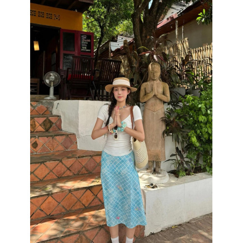 韓國設計手繪漣漪藍色格紋美人魚印花半身裙女松緊腰夏季薄款長裙