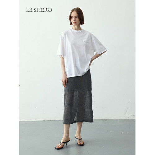 LE.SHERO純色拼接黑色半身裙女夏2025新款設計感小衆通勤百搭裙子