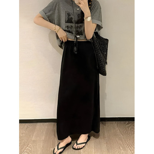 松緊腰垂感後開叉半身裙女夏季新款涼感大碼胖mm寬松顯瘦中長裙子