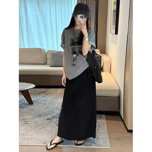 松緊腰垂感後開叉半身裙女夏季新款涼感大碼胖mm寬松顯瘦中長裙子