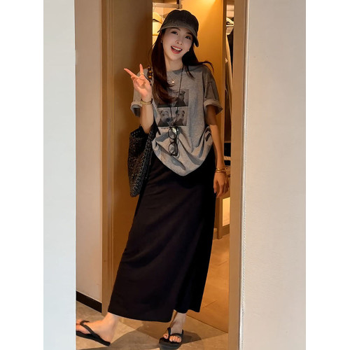 松緊腰垂感後開叉半身裙女夏季新款涼感大碼胖mm寬松顯瘦中長裙子