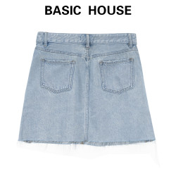 [專櫃同款]Basic House百家好夏水洗牛仔毛邊高腰半身短裙JS-598
