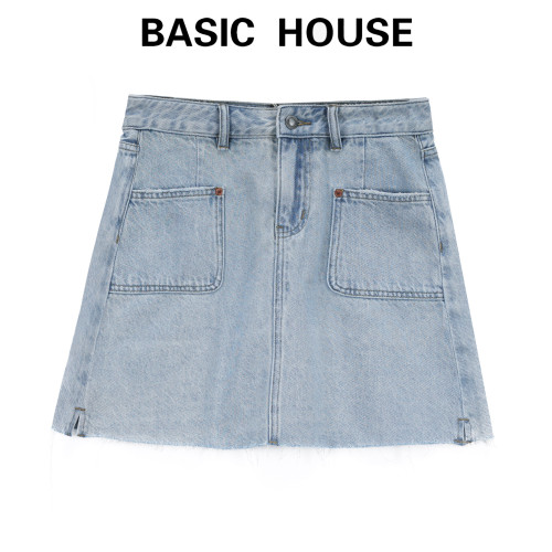 [專櫃同款]Basic House百家好夏水洗牛仔毛邊高腰半身短裙JS-598