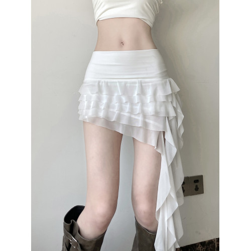 H家歐美女裝 法式度假風不規則飄帶荷葉邊半裙純欲層次感網紗短裙
