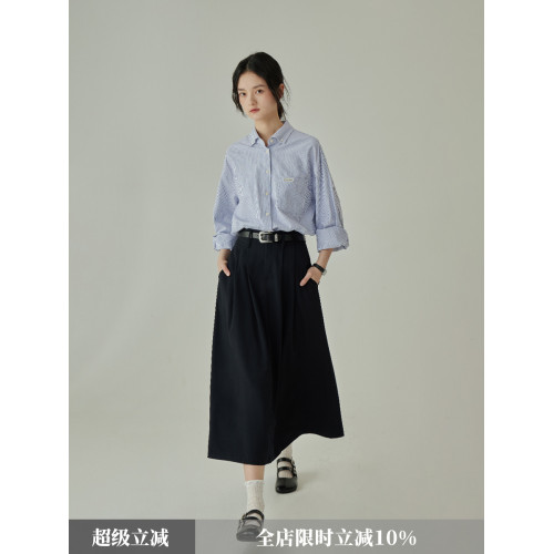 婭可家黑色氣質通勤高腰半身裙女夏季百搭垂墜感過膝顯瘦大擺繖裙