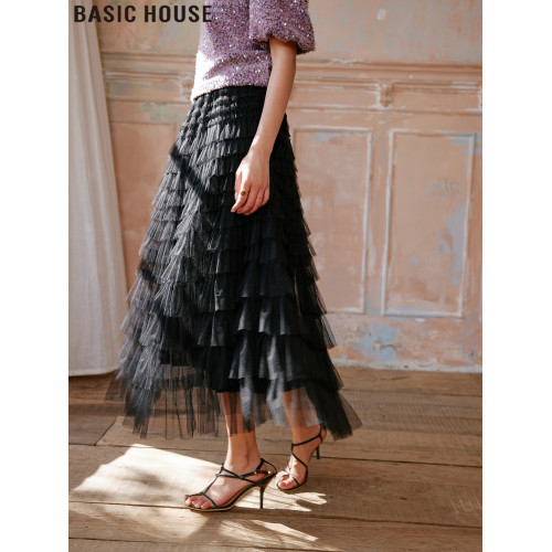 Basic House/百家好高腰網紗公主蛋糕裙A字半身裙女2025夏季新款