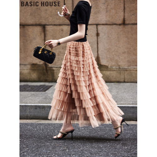 Basic House/百家好高腰網紗公主蛋糕裙A字半身裙女2025夏季新款