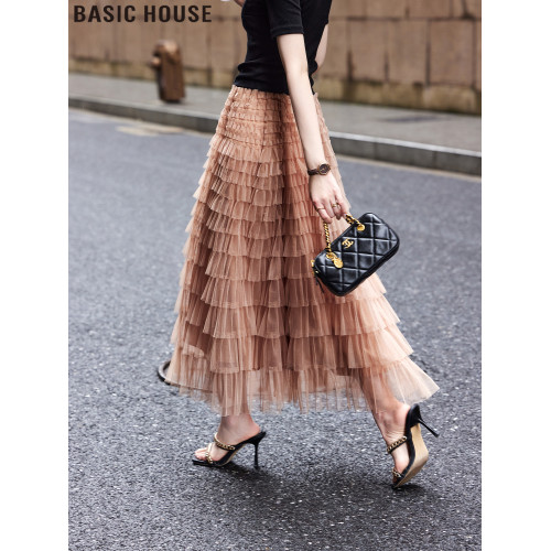 Basic House/百家好高腰網紗公主蛋糕裙A字半身裙女2025夏季新款