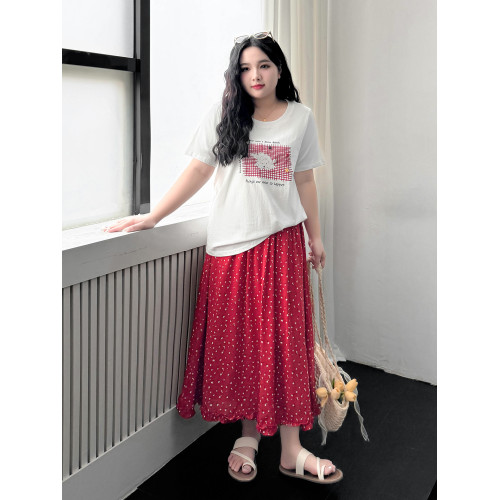 大碼女裝【元氣少女套裝】胖mm小狗印花短袖T恤碎花半身裙兩件套