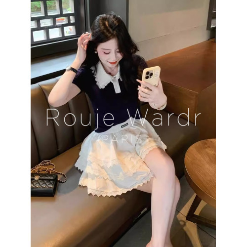Rouje Wardr法式復古翻領花邊短袖上衣女夏季蕾絲蛋糕短裙兩件套