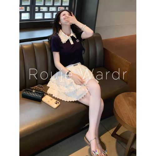 Rouje Wardr法式復古翻領花邊短袖上衣女夏季蕾絲蛋糕短裙兩件套