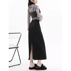 拉夏貝爾黑色西裝半身裙女夏季長款高腰垂感a字直筒一步包臀裙子