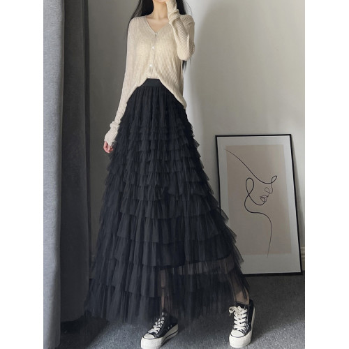 仙氣重工網紗蛋糕裙半身裙女春夏長款及踝設計感小衆顯瘦大擺長裙