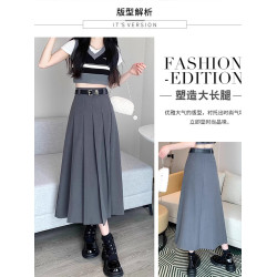 小個子垂感灰色西裝半身裙女秋季胖妹妹大碼高腰a字中長款百褶裙