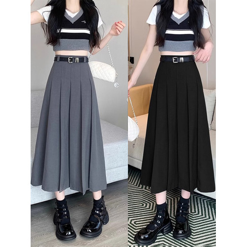 小個子垂感灰色西裝半身裙女秋季胖妹妹大碼高腰a字中長款百褶裙