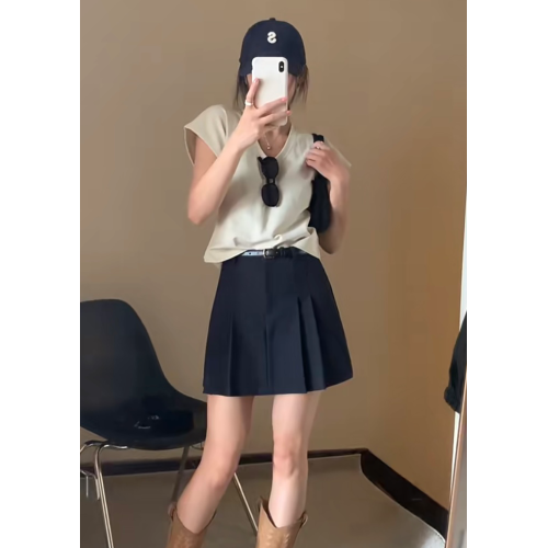 學院風百褶半裙子女夏新款A字裙配腰帶半身裙裙褲（自帶打底褲）