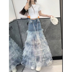 藍色紥染牛仔拼接半身裙女夏季新款洋氣蛋糕裙百搭時尚顯瘦a字裙