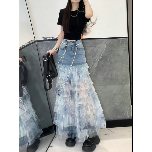 藍色紥染牛仔拼接半身裙女夏季新款洋氣蛋糕裙百搭時尚顯瘦a字裙