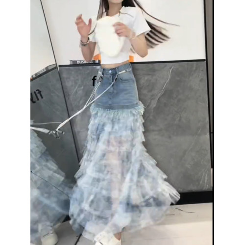 藍色紥染牛仔拼接半身裙女夏季新款洋氣蛋糕裙百搭時尚顯瘦a字裙