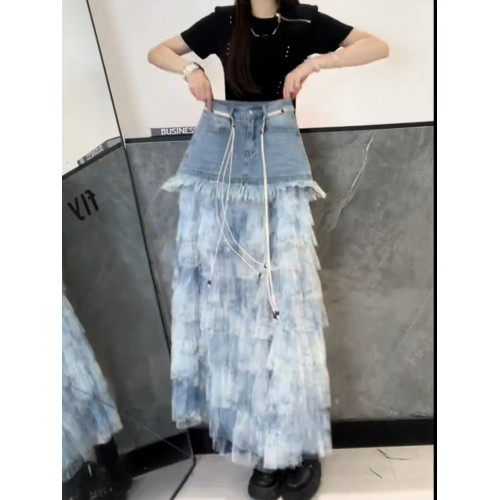 藍色紥染牛仔拼接半身裙女夏季新款洋氣蛋糕裙百搭時尚顯瘦a字裙