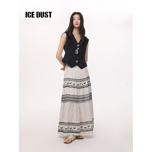 「薑妍同款」ICE DUST圖騰印花A字半身裙女25SS夏季亞麻中長裙子