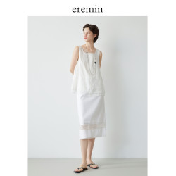 Mincollection林痣晴/蕾絲拼接半裙/天絲亞麻洗水輕法式半身裙