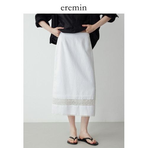 Mincollection林痣晴/蕾絲拼接半裙/天絲亞麻洗水輕法式半身裙