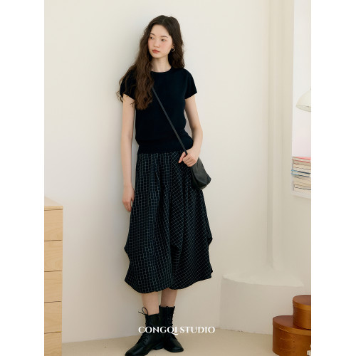 從起 “黑白解搆”多片裁剪不對稱設計感彈力腰格子不規則半身裙