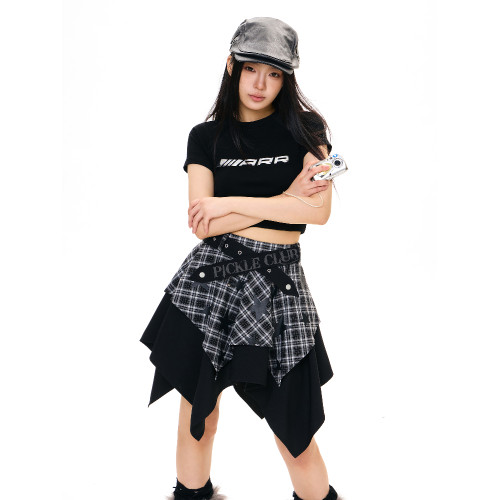 梁拌泡菜亞文化星星格紋半身裙女拼接不規則裙子女顯瘦高腰短裙夏 梁拌泡菜亞文化星星格紋半身裙女拼接不規則裙子女顯瘦高腰短裙夏