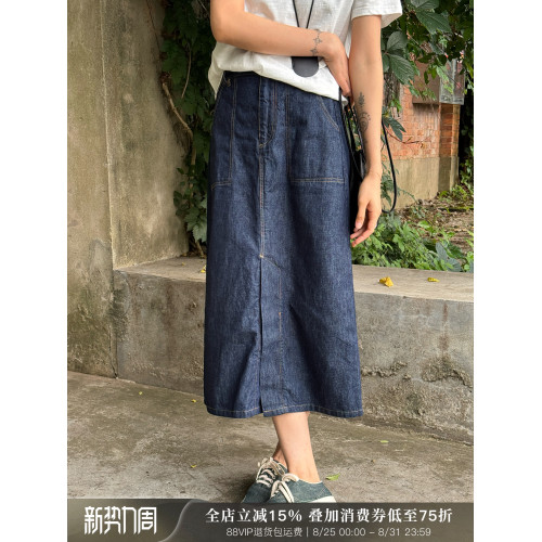 浪清 復古水洗牛仔半身裙女2025新款夏季棉麻裙子休閒氣質A字裙