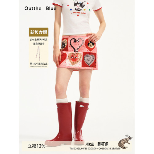 Outthe Blue“貓步紅桃k”夏季新款個性印花暗紋直筒半身短裙褲女