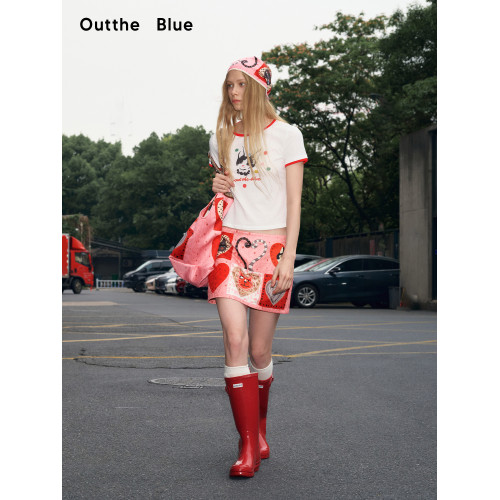 Outthe Blue“貓步紅桃k”夏季新款個性印花暗紋直筒半身短裙褲女