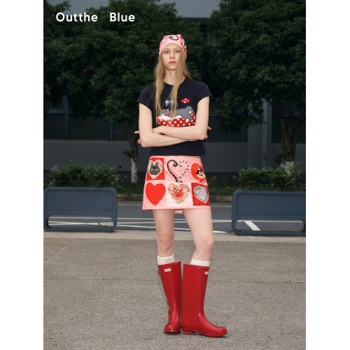 Outthe Blue“貓步紅桃k”夏季新款個性印花暗紋直筒半身短裙褲女