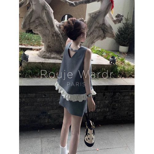 Rouje Wardr法式蝴蝶結V領無袖西裝短裙套裝女夏季休閒運動兩件套