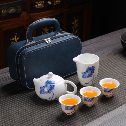 可攜式小藍包羊脂玉白瓷旅行茶具小套裝茶壺蓋碗隨身戶外三杯